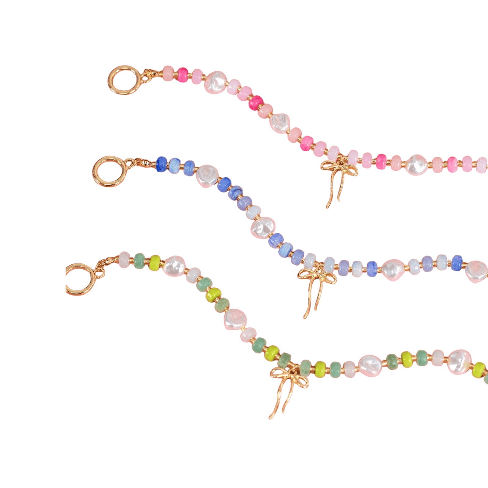 Colorful beaded necklace with gold clasp on a white background