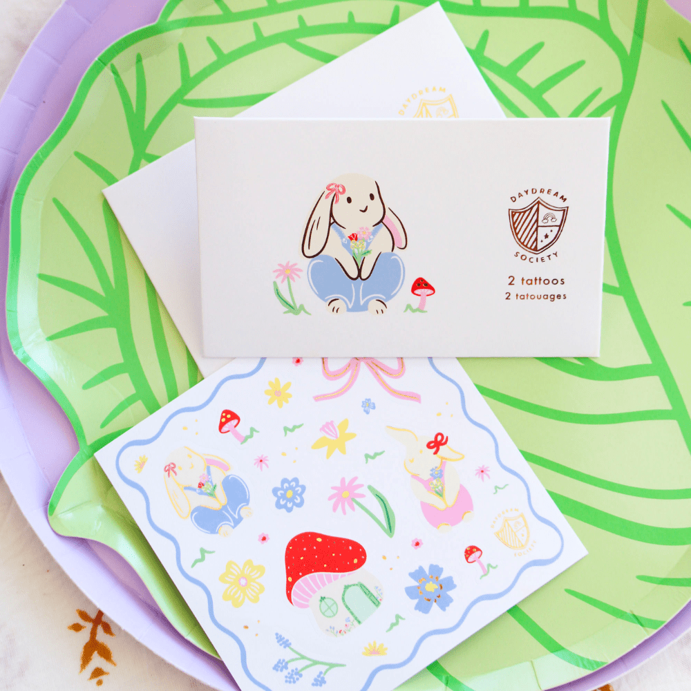 Bunnies In The Garden Overalls Bunny Temporary Tattoos, Daydream Society