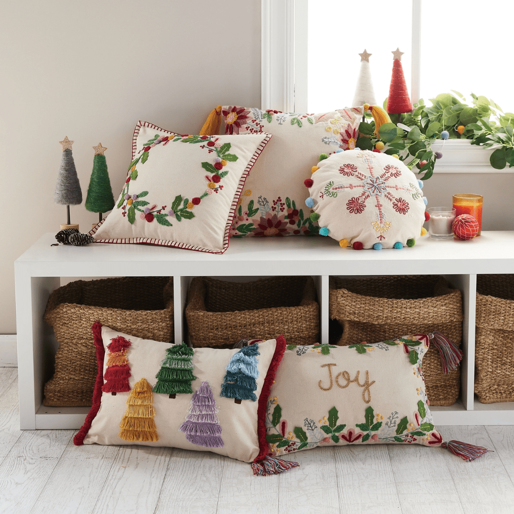 Boho Holiday Floral Embroidered Pillow, Shop Sweet Lulu