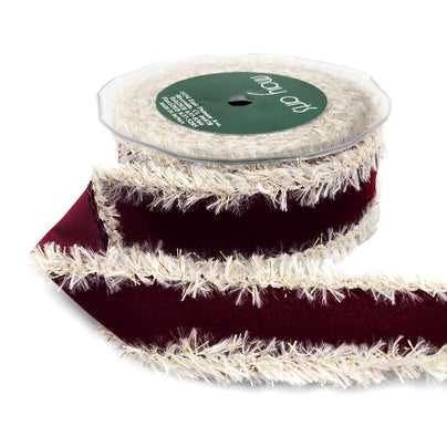 10 Yard Burgundy Velveteen Ribbon with Tinsel Fur Edge