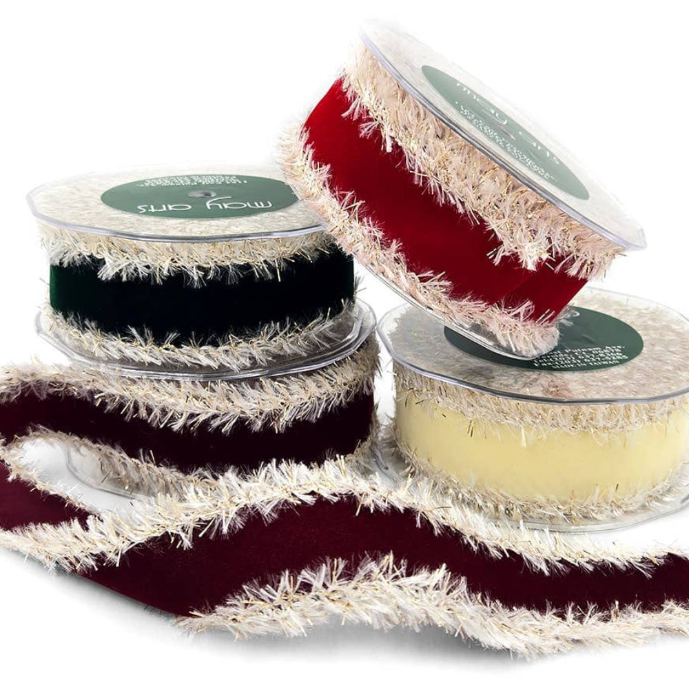 10 Yard Burgundy Velveteen Ribbon with Tinsel Fur Edge