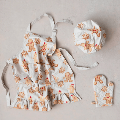 Children's Apron, Hat + Oven Mitt Set, Gingerbread Print - Shop Sweet Lulu