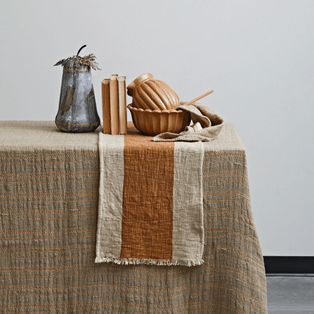 Cotton & Linen Table Runner w/ Stripe & Fringe - Natural & Brown, Shop Sweet Lulu