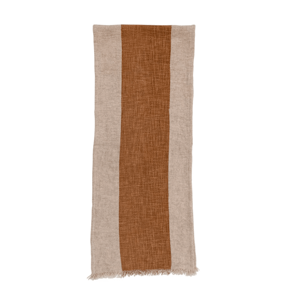 Cotton & Linen Table Runner w/ Stripe & Fringe - Natural & Brown, Shop Sweet Lulu