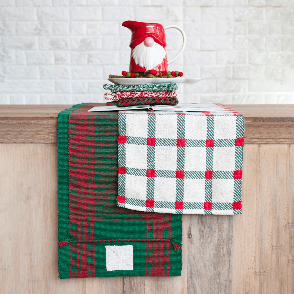 Embroidered Cotton Table Runner.- Natural, Green & Red Plaid, Shop Sweet Lulu