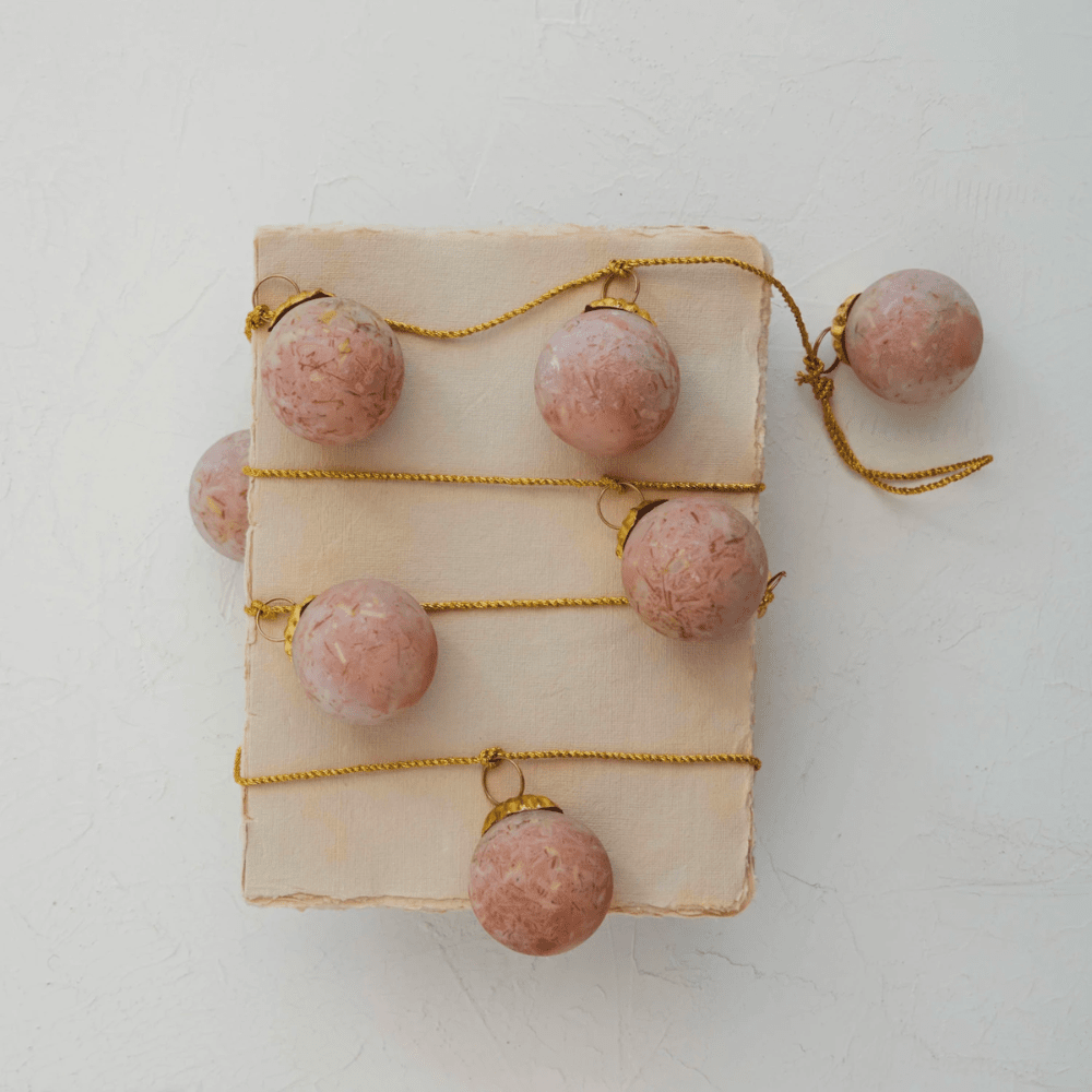 Glass Ball Ornament Garland w/ Embedded Natural Hay & Gold Cord  - Matte Pink, Shop Sweet Lulu