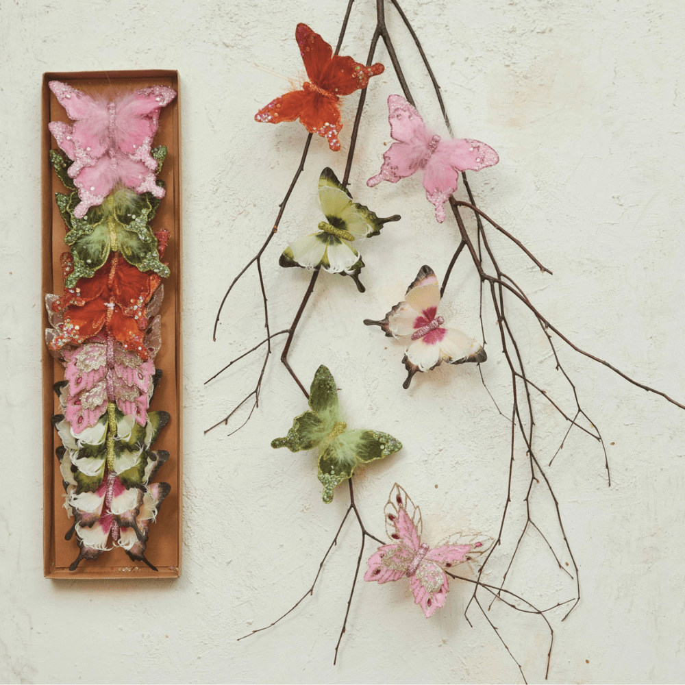 Feather Butterfly Clip-on Ornaments w/ Glitter - Set of 12, Shop Sweet Lulu