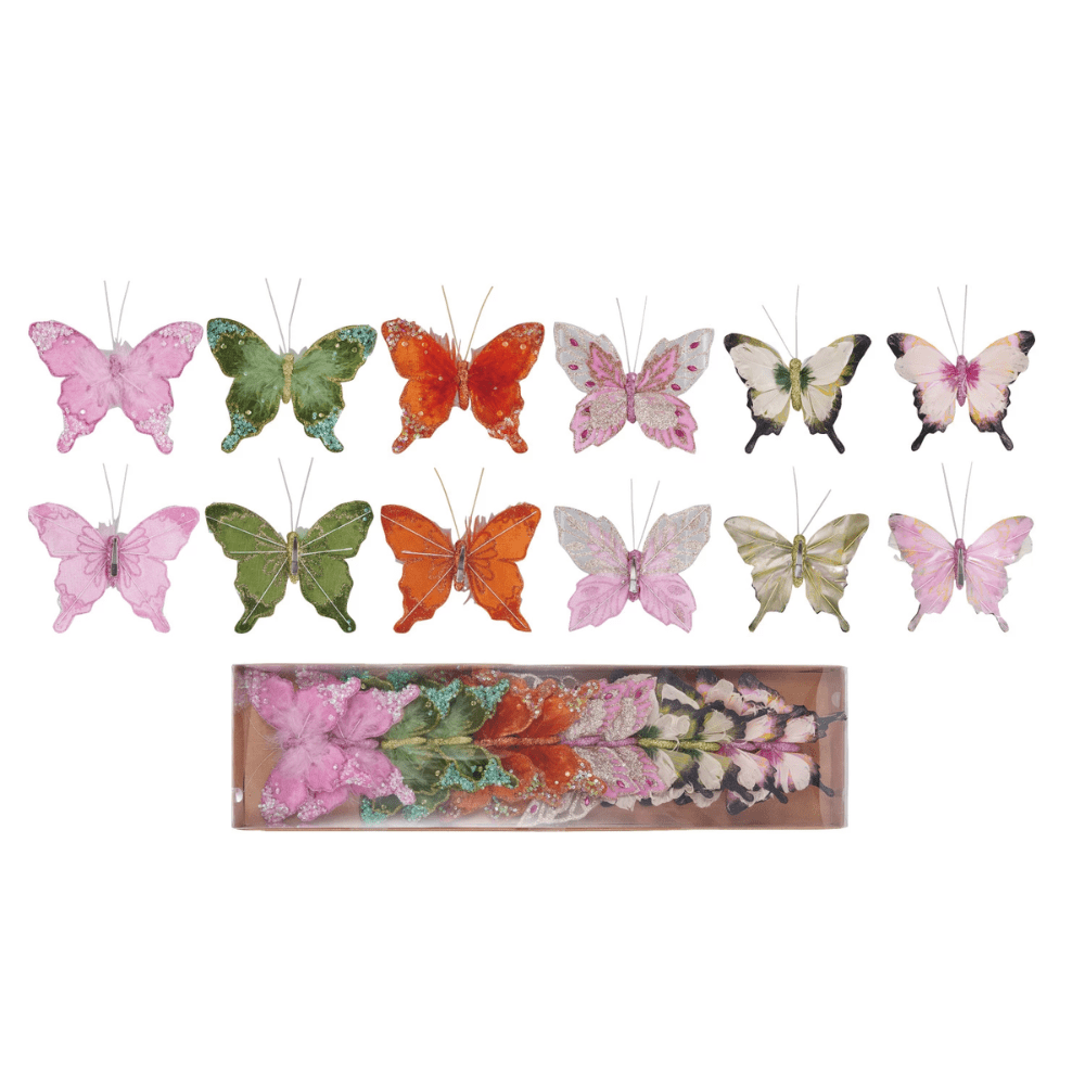 Feather Butterfly Clip-on Ornaments w/ Glitter - Set of 12, Shop Sweet Lulu