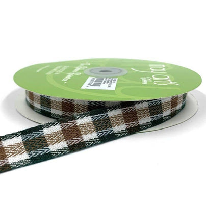25 Yard Green, Brown and White Woven Tartan Plaid Twill Ribbon