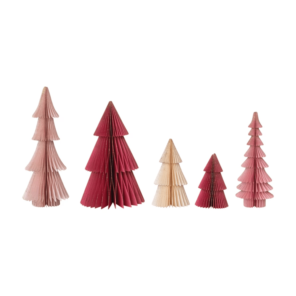 Handmade Paper Folding Honeycomb Tree w/ Gold Glitter Edge, Pinks & Reds - Set of 5, Shop Sweet Lulu