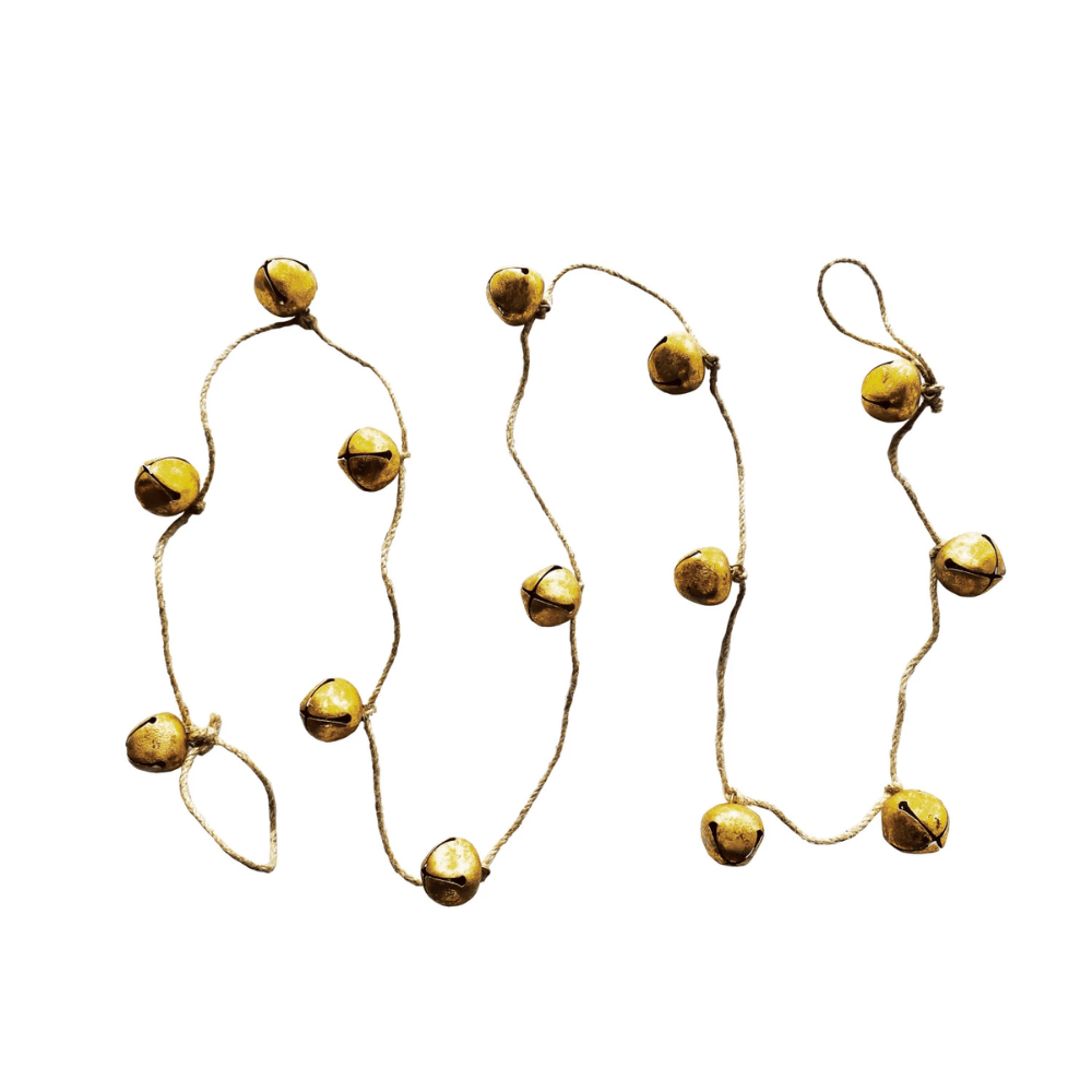 Handmade Metal Bell Garland on Jute Rope, Gold Finish, Shop Sweet Lulu