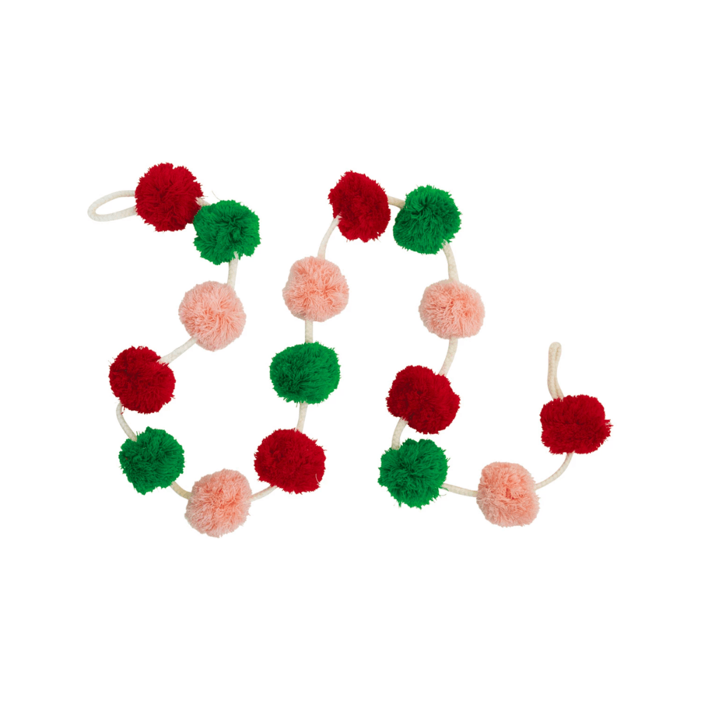 Wool Felt Pom Pom Garland - Pink, Red and Green