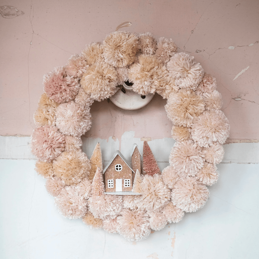 Pom Pom Wreath w/ Bottle Brush Trees and Paper House - Shop Sweet Lulu