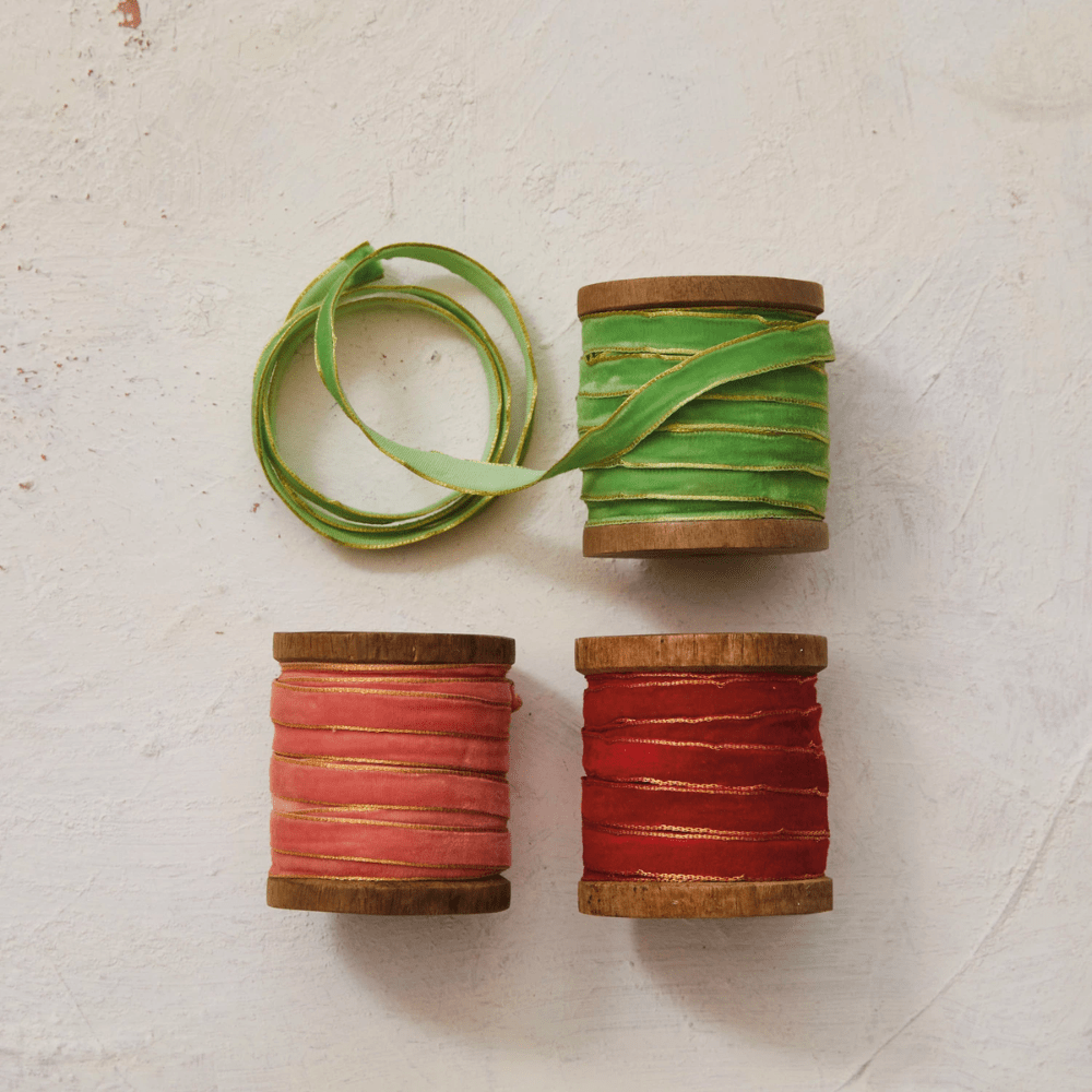 10 Yard Velvet Ribbon w/ Metallic Edges on Wood Spool, 3 Colors, Shop Sweet Lulu