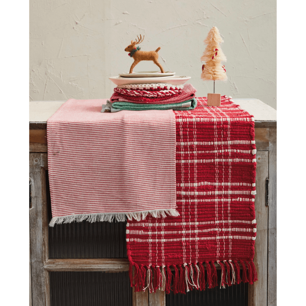 Woven Cotton Table Runner w/ Stripes & Fringe - Red & White, Shop Sweet Lulu