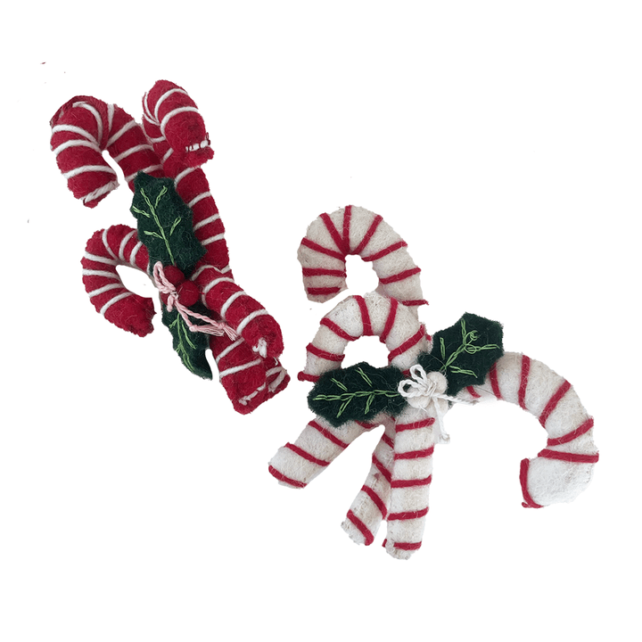 5"H Wool Candy Cane Ornament With Embroidery, 2 color options