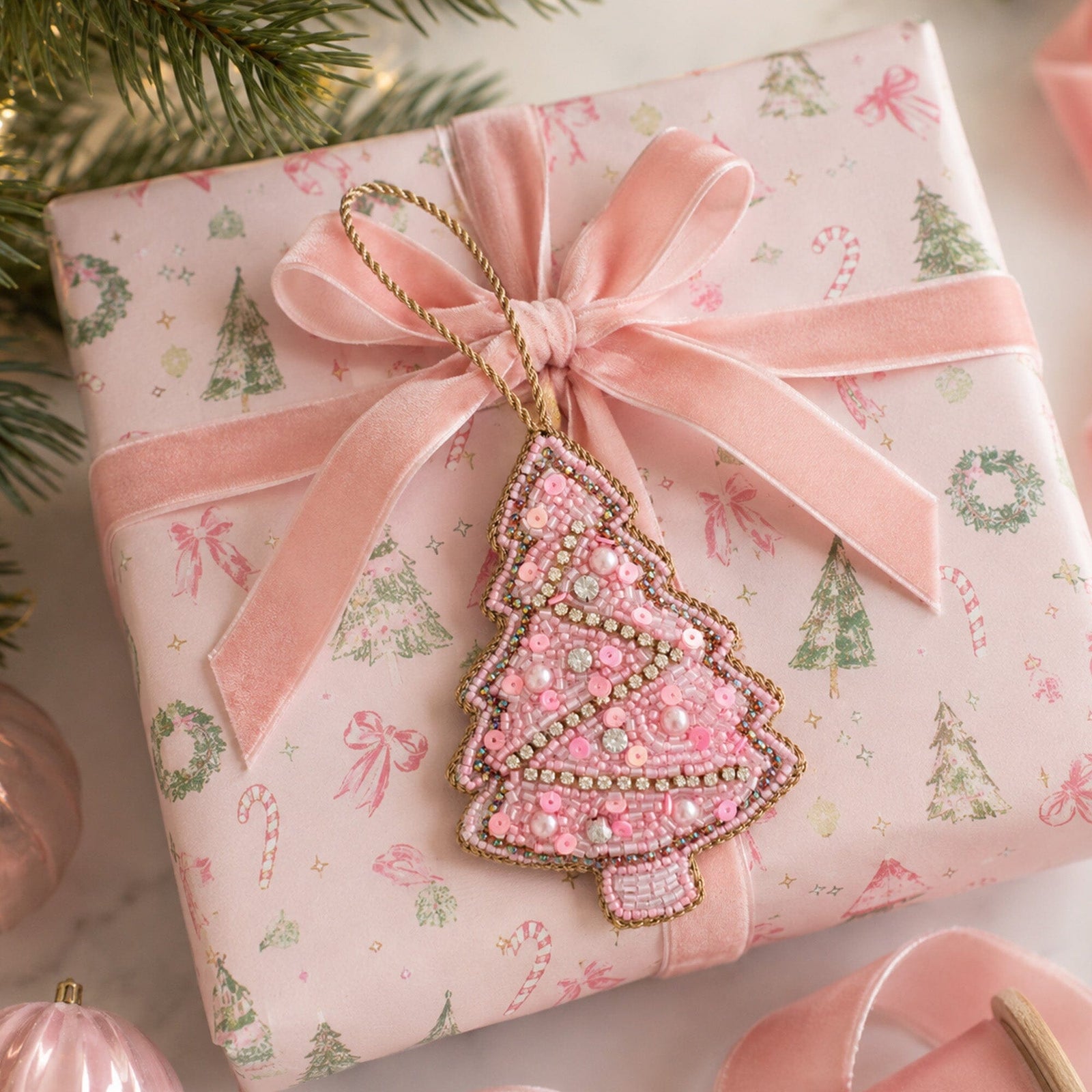 Beaded Christmas Tree Ornament in Pink