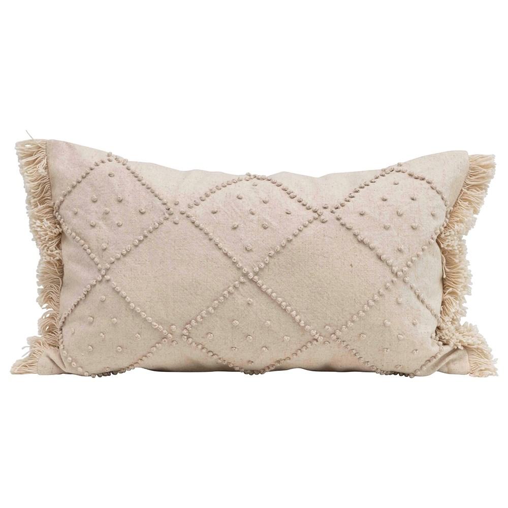 Woven Cotton & Linen Blend Lumbar Pillow with French Knots & Fringe