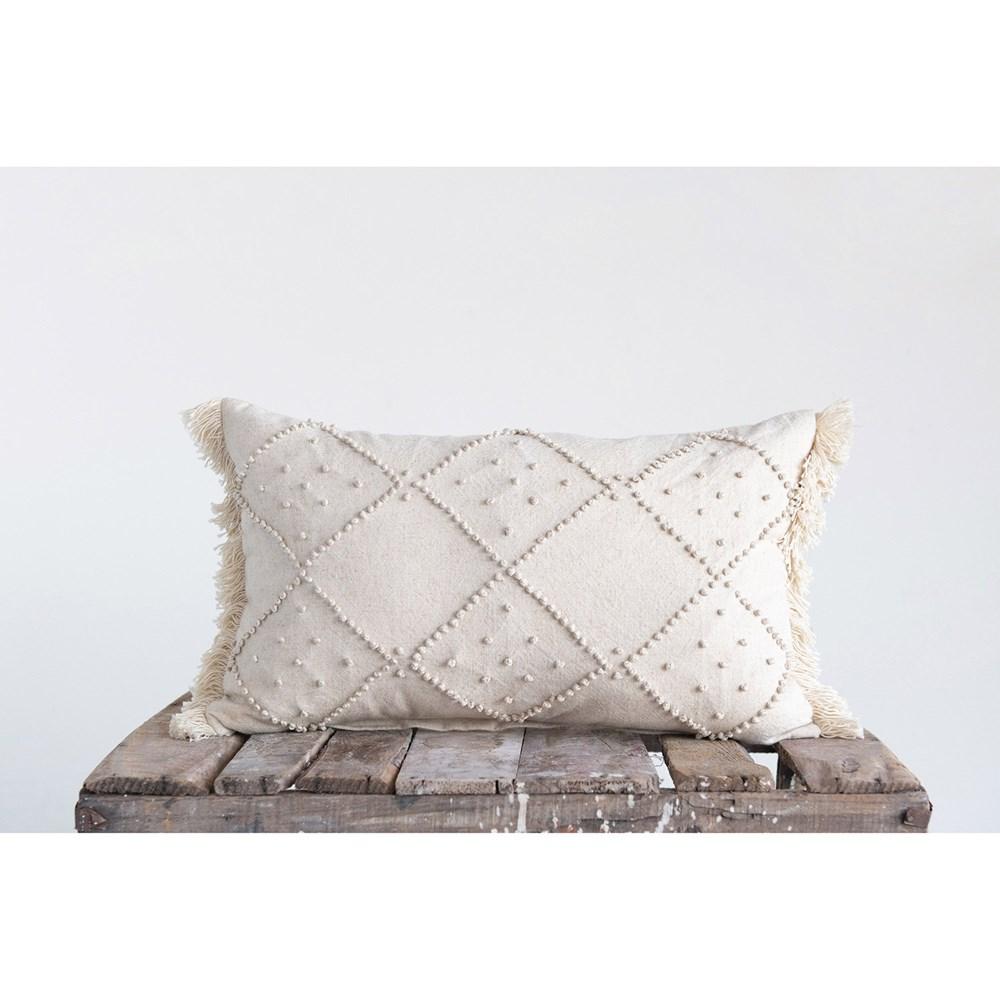 Woven Cotton & Linen Blend Lumbar Pillow with French Knots & Fringe ...