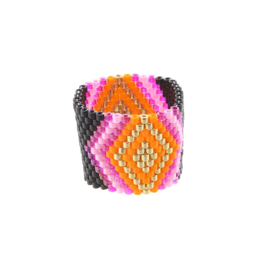 Jet Seed Bead Ring- Orange, Gold and Pink Diamond