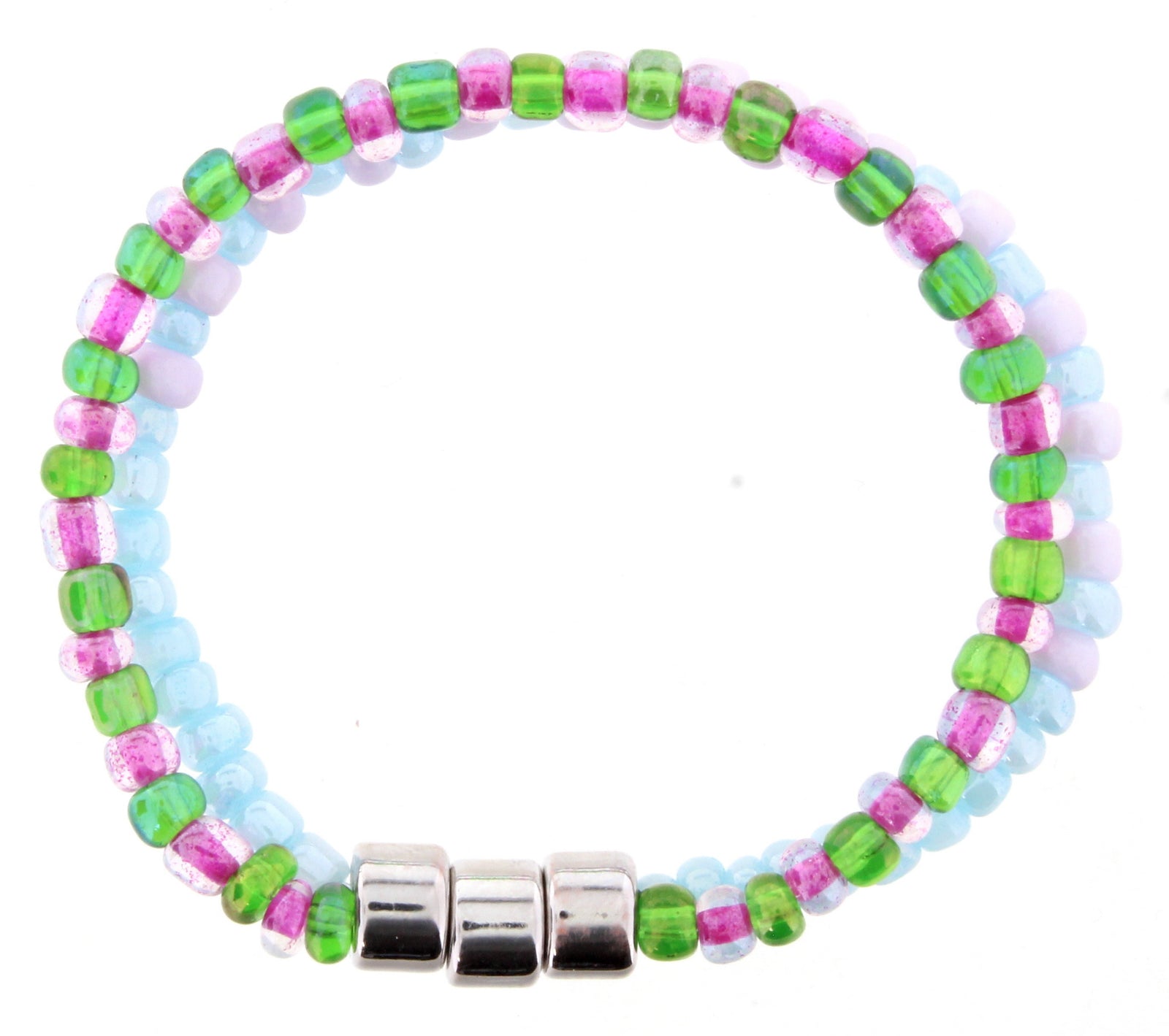 Kids' Kaleidoscope Bracelet- Pink/Green with White/Blue Beads and Silver Spacers