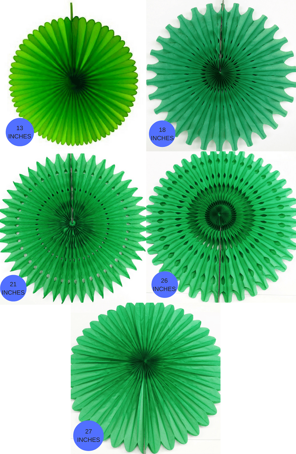 Light Green Paper Fans, 5 Sizes