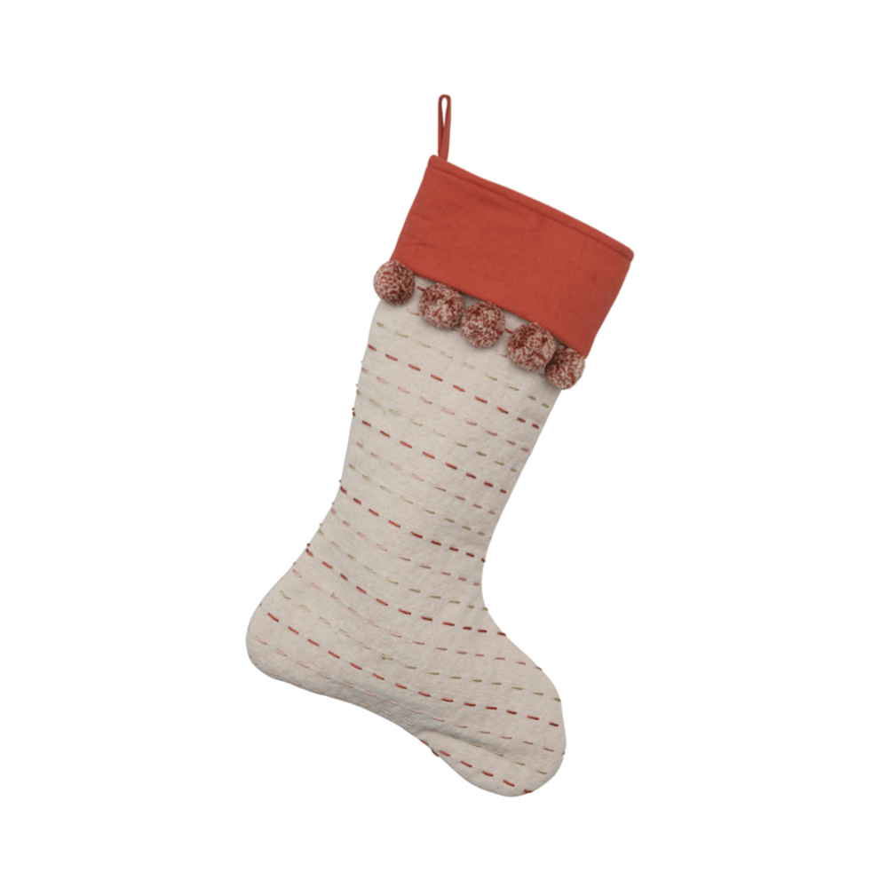 Kantha Stitch Stocking w/ Pom Poms - Red & Cream, Shop Sweet Lulu